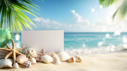 Tropical Beach Seashells Card Sandy Shore Starfish Blank White Card Ocean Holiday Seaside Vacation Paradise Backdrop Sandy Beach Vacation Template Sunny Summer Destination