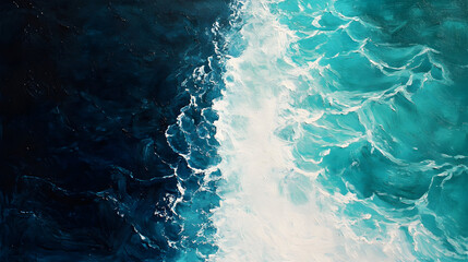 Ocean Wave Painting Abstract with Deep Blue and Turquoise Hues, An original oil painting captures the movement and power of ocean waves with an artistic and dynamic expression of sea water, evoking