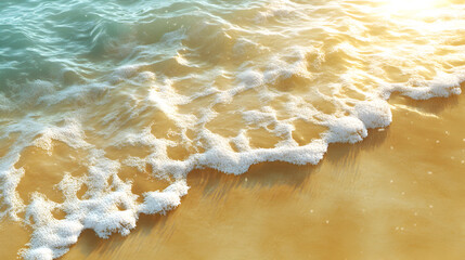 Ocean Waves Golden Sand Beach Coastline, Bright sunny day sea foam washing golden beach sand creating beautiful coastline scenery, clear turquoise water meets shoreline in idyllic location, vacation