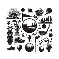 Golfing Elements and Mountain Landscape with Trophy and Forest Scene golf ball golf club