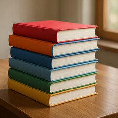 Stack of colorful hardcover books placed on wooden desk with natural light