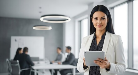 Professional Woman in Modern Office Holding Tablet.