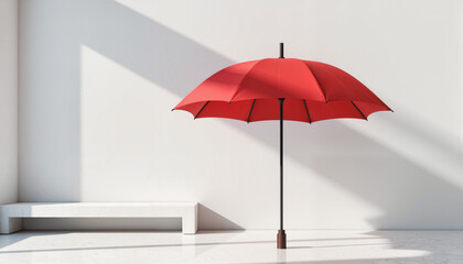 Large red umbrella in minimalist office corner, modern simplicity