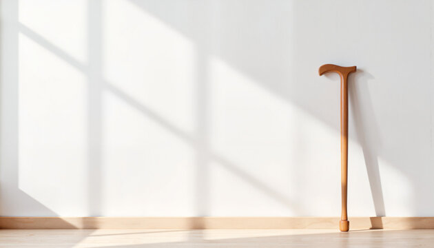 Simple wooden walking cane leaning against white wall, minimalist decor