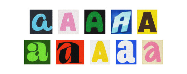 Magazine cutout letter A set, colorful typography tiles on transparent PNG
