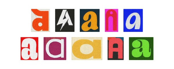 Typography letter A set in varied styles, magazine collage on transparent PNG

