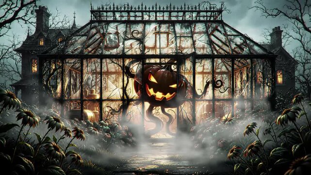 Eerie Halloween greenhouse scene featuring a menacing pumpkin monster lurking amidst the fog and overgrown garden creating a spooky and atmospheric landscape for seasonal designs