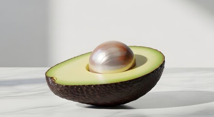 Halved Avocado with Pit on Marble Surface, Minimalist Still Life