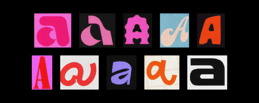 Bold letter A collection, uppercase and lowercase, on black
