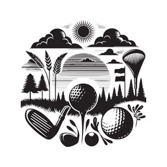 Golfing Silhouette Emblem with Sun Clouds Trees Golf Ball Club and Flags Keywords: golf, sport, recreation, club, ball, tee, grass, sun, clouds, trees, pine trees, wheat, flag, golf bag