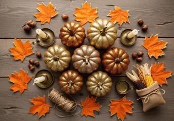 Festive Autumn Harvest Flat Lay with Glitter Pumpkins, Leaves, Candles, and Indian Corn on Rustic Wood