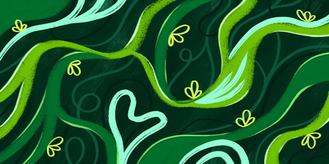 Abstract organic shapes plant hand drawn background. Green jungle themed illustration poster design.
