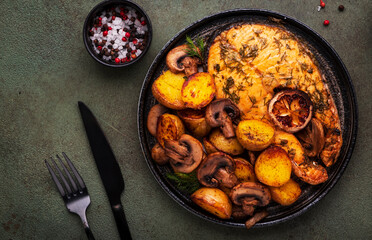 Delicious dinner with roasted salmon, baby potatoes and mushrooms, green table background, top view