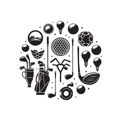 Round Collage of Golf Gear, Balls, and Abstract Shapes in Silhouette sport