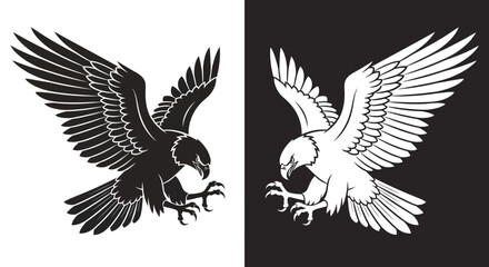 Fototapeta premium Two stylized eagles in black and white, a positive and negative design showing the birds of prey with wings spread.