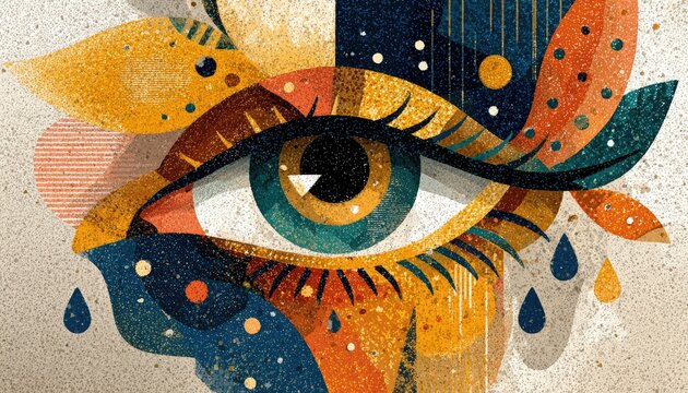 Eye adorned with abstract floral & geometric shapes
