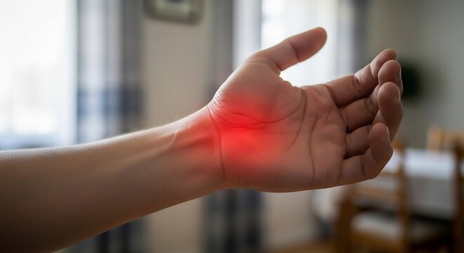 Close up of a hand with red spot on the wrist indicating pain or inflammation in a blurred background
