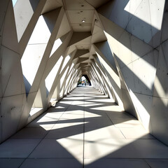 Obraz premium Futuristic concrete tunnel with angular ceiling and geometric light patterns, modern minimalist architecture with dramatic shadows and lone figure in perspective