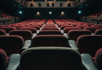 Fototapeta premium Concert hall seating area featuring rows of red chairs and stage equipment