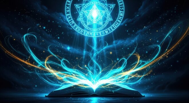 Enchanted Tome Emitting Cosmic Energy and Mystical Light Under a Celestial Magic Sigil in a Starry Cosmos - Powered by Adobe