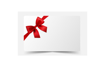 Vector 3D Realistic White Gift Card or Gift Certificate Mockup with Red Satin Ribbon and Elegant Bow. Blank Template for Birthday, Valentine's Day, Christmas, Sale, or Invitation Design