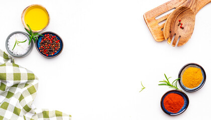 Food, cooking, spices background, dried ground chili pepper and turmeric, white copy space, top view