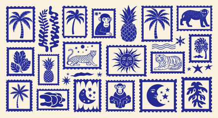 A collection of blue and white postage stamp-like illustrations featuring tropical plants, animals, celestial bodies, and abstract patterns.