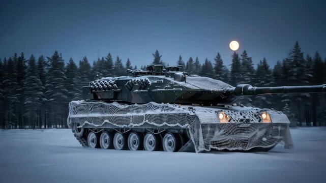Leopard 2 tank in winter forest under moonlit sky, military vehicle in snow landscape.