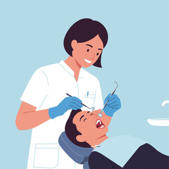 Naklejka premium Dentist examining patient with tools, wearing gloves in office