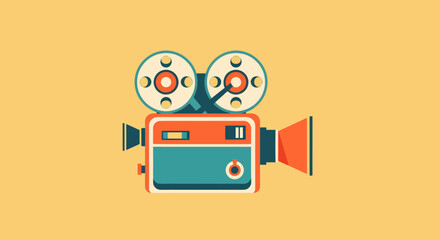 Fototapeta premium A retro-style illustration of a vintage movie camera with film reels on a solid yellow background.
