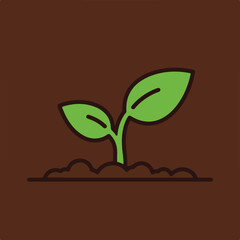 Cartoon image of sprout in dark brown soil with rounded corners