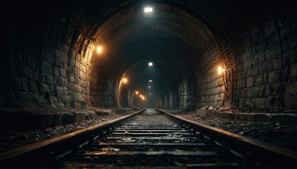 Obraz premium Dark tunnel, stone walls, railway tracks