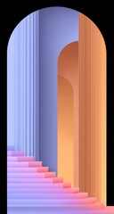 A vibrant, geometric architectural scene featuring pastel-toned stairs and arches, bathed in soft, warm light.
