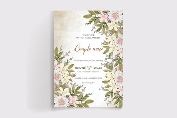 WEDDING INVITATION FRAME WITH FLOWER DECORATIONS AND FRESH LEAVES