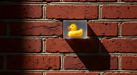 Rubber Duck Embedded in Brick Wall with Sunlight