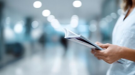 A person s hands hold an open brochure or magazine in a bright blurred indoor setting conveying information