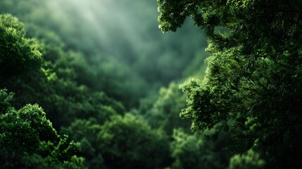 Sunlight filtering through a dense misty green forest canopy illuminating the lush foliage and creating a serene natural landscape