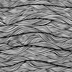Hand drawn black and white seamless pattern with abstract wavy curly lines, waves textile texture and tile motif, mixed media design for fabric, wallpaper, wrapping paper, fashion prints and decor art