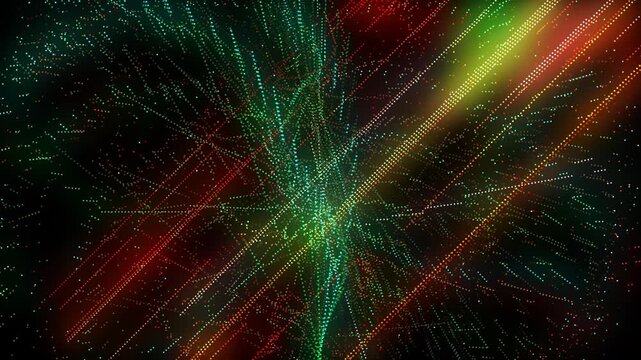 Abstract Network of Glowing Digital Lines and Particles in Red and Green technology data