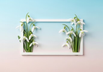 Delicate White Snowdrop Flowers Framing a Blank White Rectangle on a Soft Pastel Gradient Background, Spring Concept