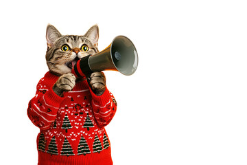 Happy cat holding a megaphone in his paws, wearing a red Christmas sweater, isolated on transparent background, Christmas and New Year sales concept