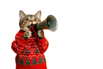 Happy cat holding a megaphone in his paws, wearing a red Christmas sweater, isolated on transparent background, Christmas and New Year sales concept