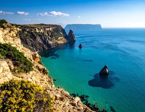 Coastal landscape of rocky cliffs and turquoise water - Powered by Adobe