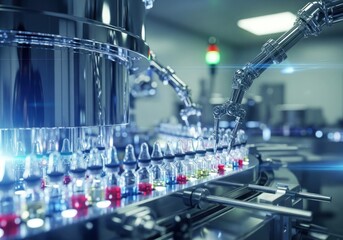 Automated Robotic Handling Pharmaceutical Vials on a Conveyor Belt in a High-Tech Manufacturing Facility