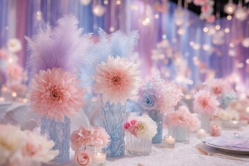 Delicate pastel floral arrangements in frosted glass vases, illuminated by soft candlelight, create a dreamy, romantic ambiance.