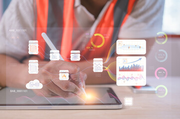 Engineer analyzing big data and digital analytics on tablet with futuristic interface overlay representing data science, AI, cloud computing, IoT, smart industry, and digital transformation.