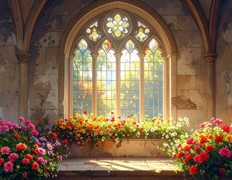 Sunlit Gothic window with vibrant flowers