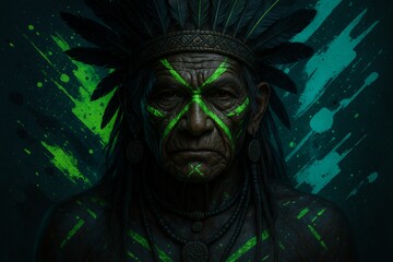 Striking portrait of an indigenous tribal elder with neon green face paint and traditional headdress evokes strength and cultural heritage