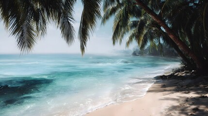 A serene tropical beach with clear blue ocean waves palm trees and soft sand under bright daylight