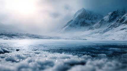 A majestic snowy mountain landscape with a frozen lake and bright cold light